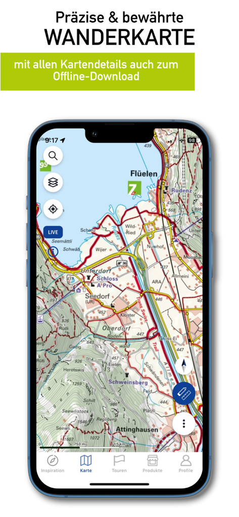 HKF Outdoor app displaying a detailed professional hiking map of Switzerland with offline download options