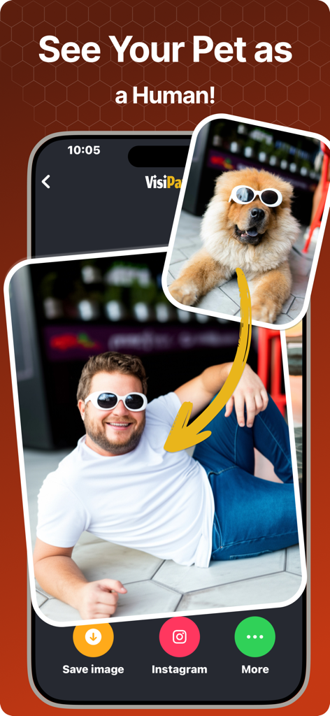 Pet To Human - VisiPaw - VisiPaw app interface showing a fluffy dog with white sunglasses being transformed into a human man wearing identical sunglasses.