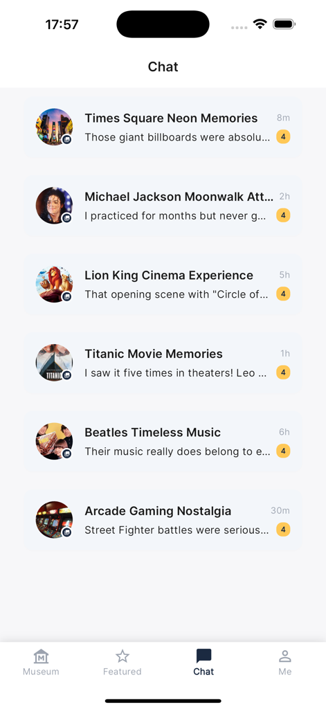 Interface of the Memo app showing a list of chat rooms for nostalgic topics like Times Square, Michael Jackson, and Arcade Gaming.