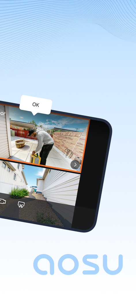 Aosu mobile app interface displaying live video feeds from home security cameras.