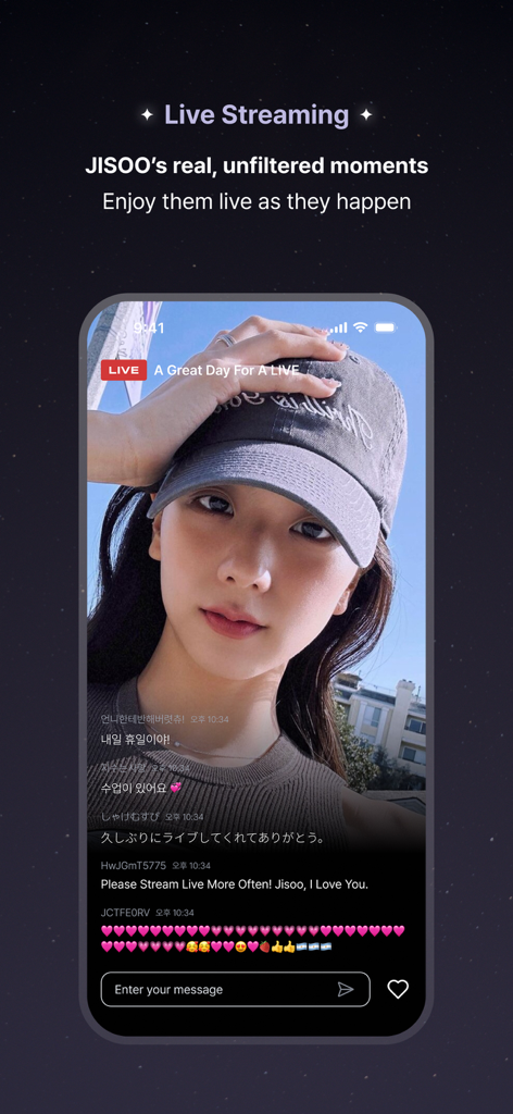 JISOO - A smartphone screen showing a live stream of Jisoo with real-time fan comments and a message input field.
