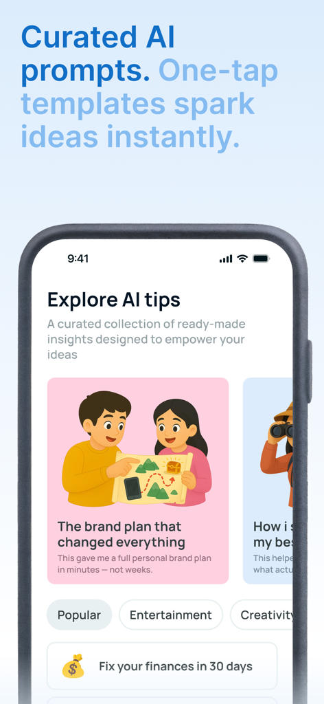 Mobile app screen for Tixu showing curated AI prompts and templates.