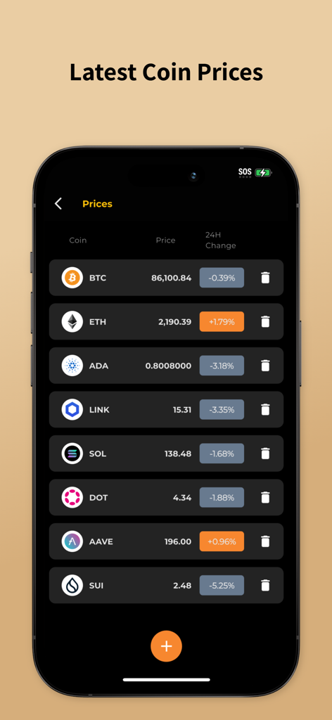 現在の暗号資産価格と24時間の市場変動を表示するモバイル画面