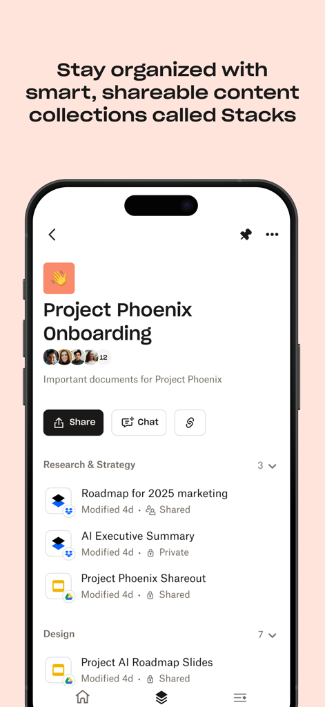 Dropbox Dash - Interfaz de la aplicación Dropbox Dash que muestra un stack de proyecto con archivos y documentos organizados