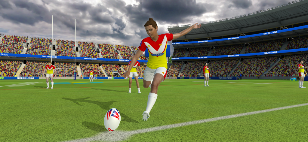 Rugby League 24 - A female rugby player kicking the ball during a match in a packed stadium in Rugby League 24.