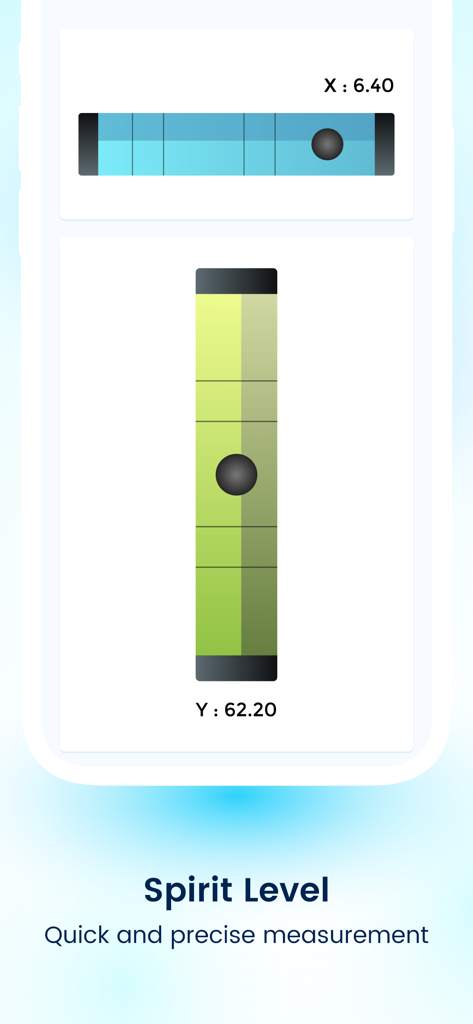 Digital spirit level interface in the Fields Area Measurement app showing horizontal and vertical alignment axes