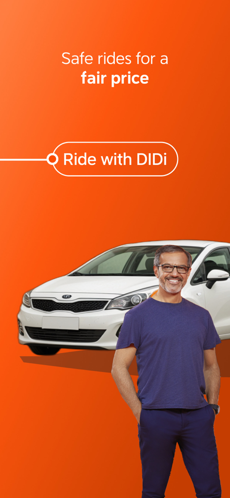 A smiling driver standing in front of a white car with the headline Safe rides for a fair price on an orange background.