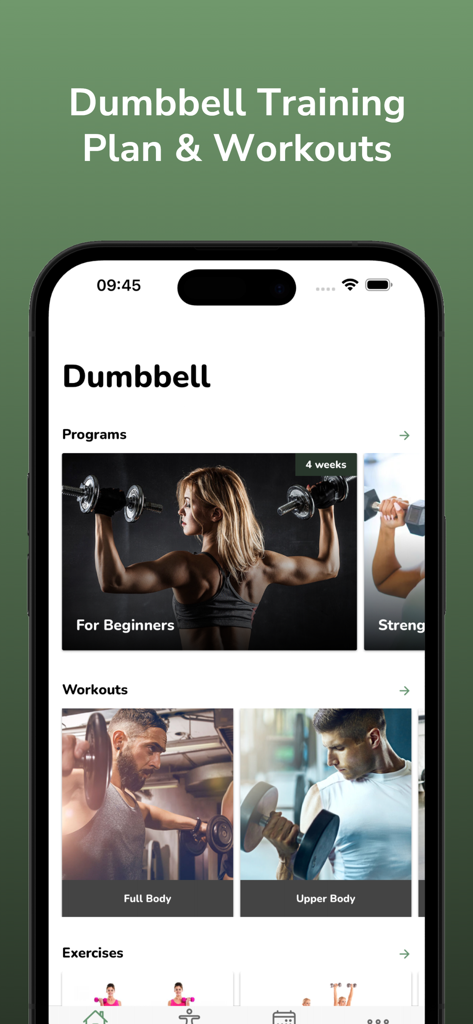 Dumbbell Workout Plan - Pantalla de inicio de la aplicación Dumbbell Workout Plan mostrando programas de entrenamiento para principiantes y rutinas de cuerpo completo.