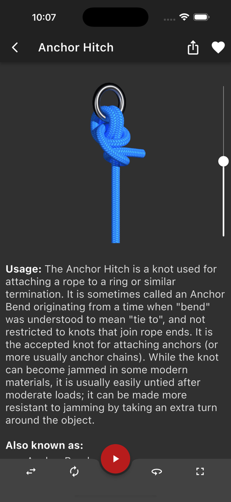 Knots 3D - Interface de l'application Nœuds 3D montrant une visualisation 3D et des détails d'utilisation pour un nœud d'ancre