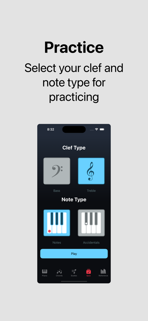 Nota - Chords & Scales Piano - Nota-App-Oberfläche zur Auswahl von Notenschlüssel und Notentypen für das Üben.