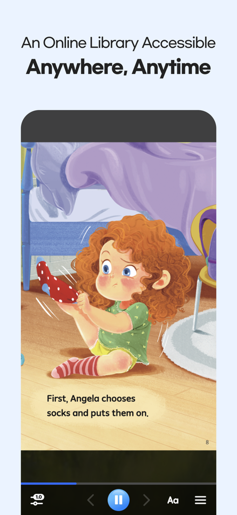 ReadingGate - ReadingGateアプリのスクリーンショット。子供向けの物語とオーディオ再生コントロールが表示されています。