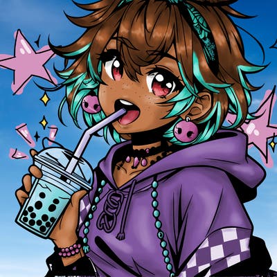 hot baddie anime girl drinking boba and biting the straw