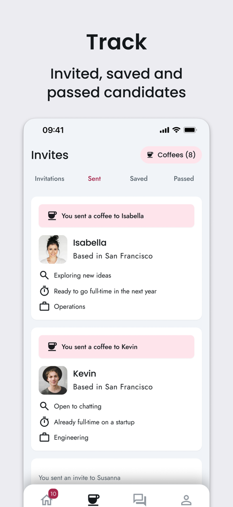 CoffeeSpace: Connect & Build - Interface of the CoffeeSpace app showing a list of sent coffee invites to potential startup cofounders in San Francisco