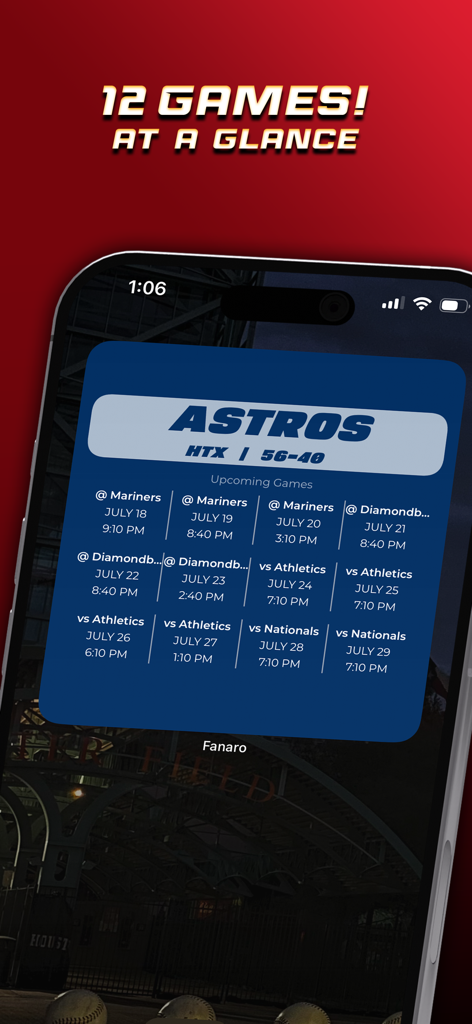 Fanaro: Sports Widgets - Widget deportivo de Fanaro que muestra doce próximos partidos para los Houston Astros en un iPhone