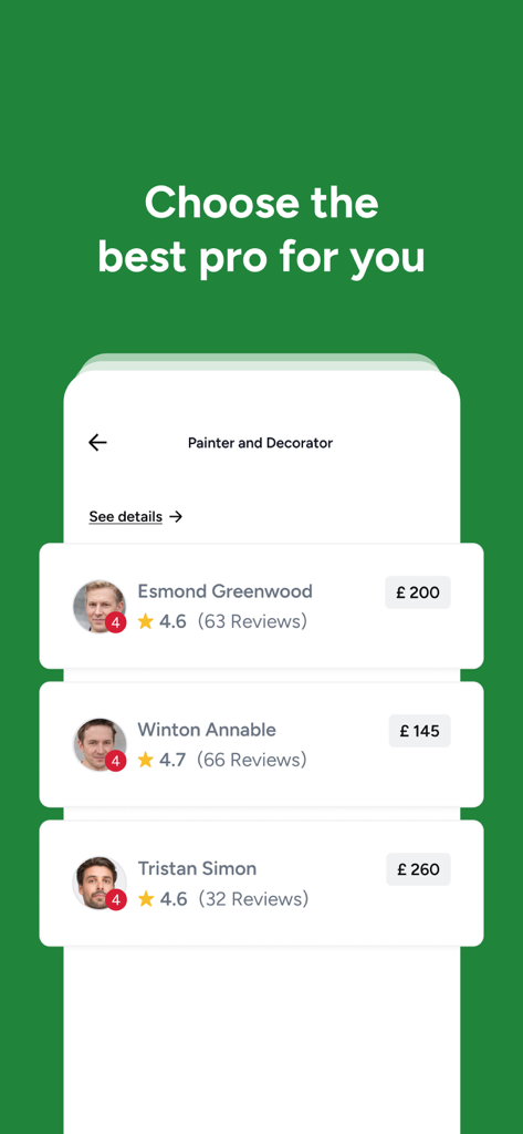 HomeRun - Get Things Done - A mobile interface showing a list of local service providers with their names ratings and price quotes