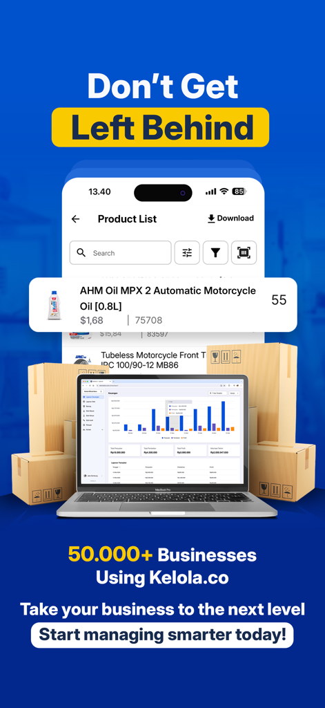 Kelola: Inventory & Sales - Kelola business app interface on mobile and laptop showing inventory and analytics