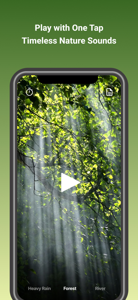 NatureVoice(BGM For Sleep) - NatureVoice app screenshot showing a sunlit forest background with a play button and the text Play with One Tap Timeless Nature Sounds.