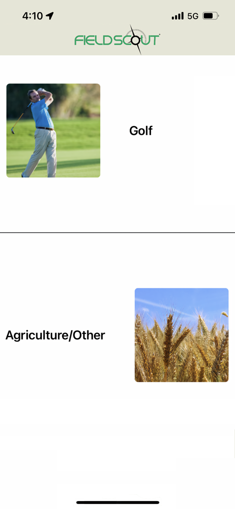 Pantalla de la aplicación FieldScout Mobile que muestra opciones de selección para las industrias de Golf y Agricultura.