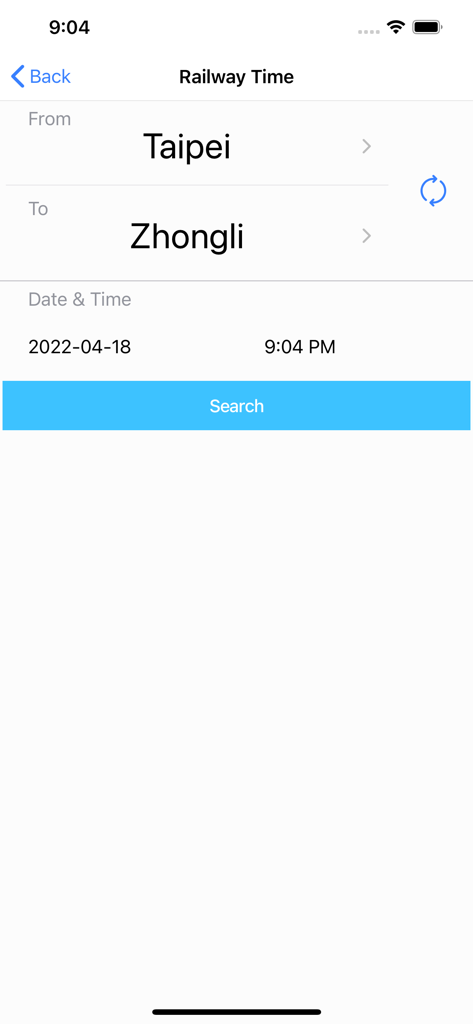 GoTW - GoTW app interface showing a railway time search from Taipei to Zhongli