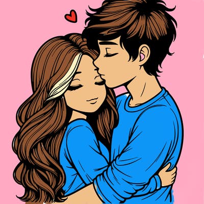 a realistic couple boy and girl hugging and kissing