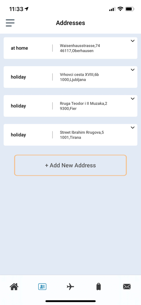MyTravel.ID - MyTravel.ID app interface displaying saved home and holiday addresses for baggage delivery services.