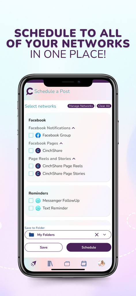 CinchShare app screen showing how to schedule posts to Facebook groups and pages