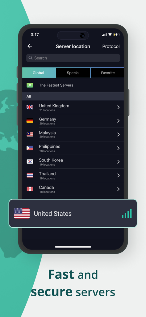 Interfaz de la aplicación VPN Proxy Master que muestra una lista de ubicaciones de servidores globales, incluyendo los Estados Unidos