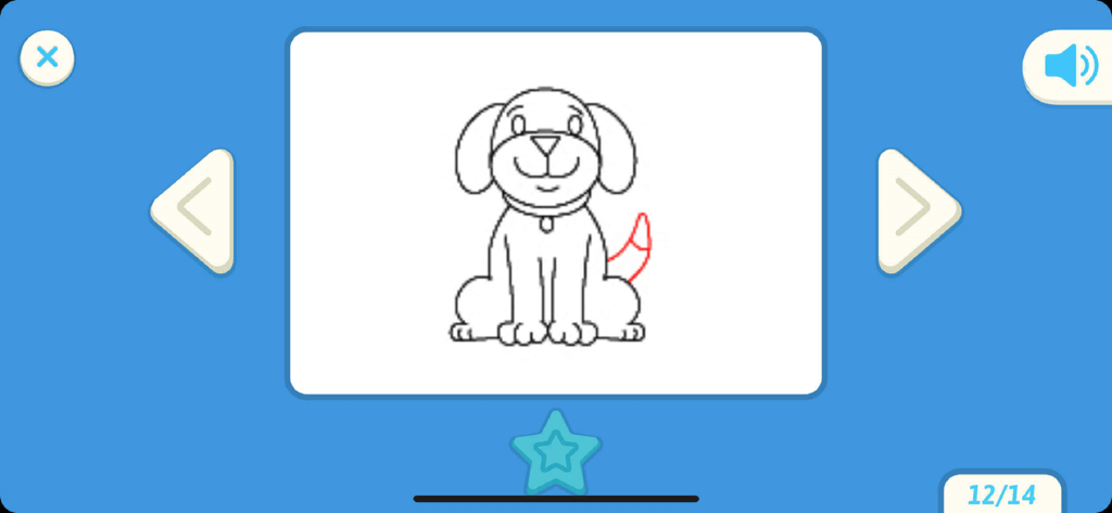 A step by step dog drawing tutorial on the smART sketcher projector app interface