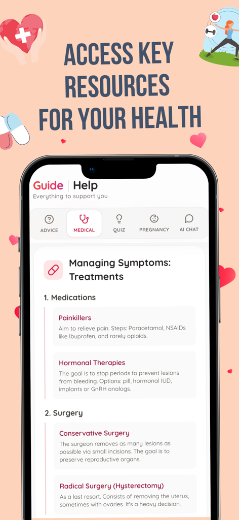 EndoCare : Endo/Period Tracker - EndoCare app interface showing a medical guide for managing endometriosis symptoms through medications and surgery options