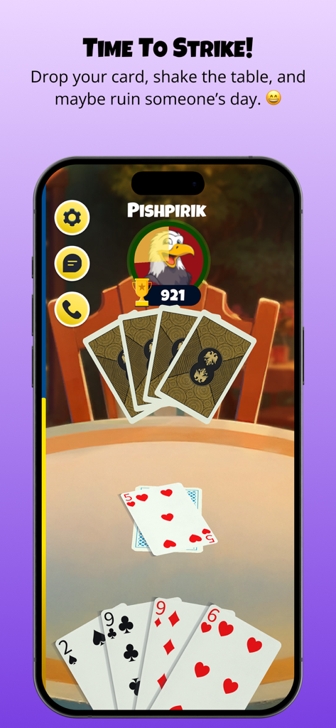 Pishpirik - Interfaz móvil del juego de cartas Pishpirik que muestra una partida en curso con cartas sobre una mesa y la mano del jugador