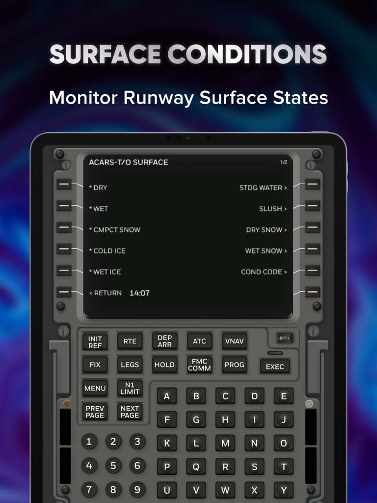 B737 FMS Trainer interface showing runway surface conditions on the ACARS screen
