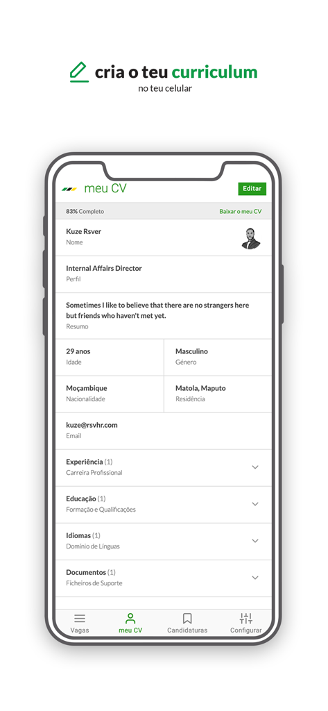 emprego.co.mz - A screenshot of the meu CV section in the emprego.co.mz mobile app showing a professional profile with personal details and experience