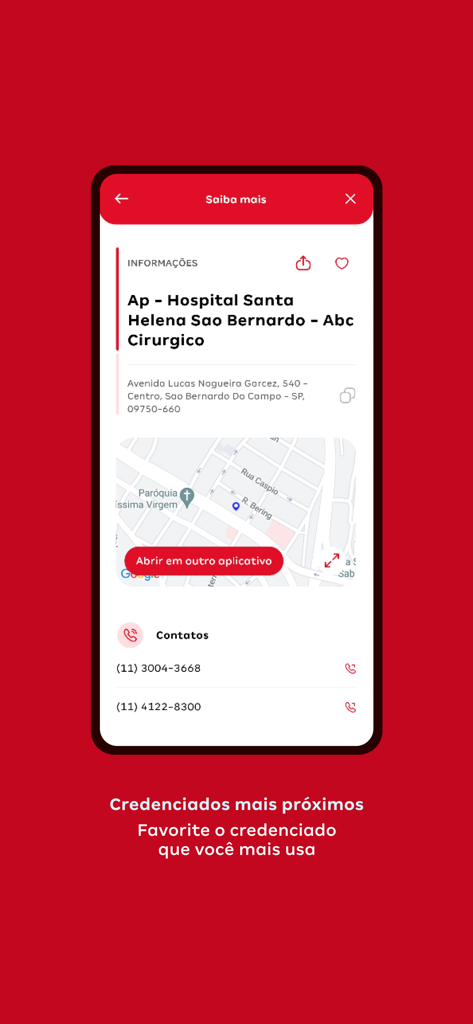 Santa Helena Saúde - Hospital details screen in the Santa Helena Saude app showing address map and contact numbers