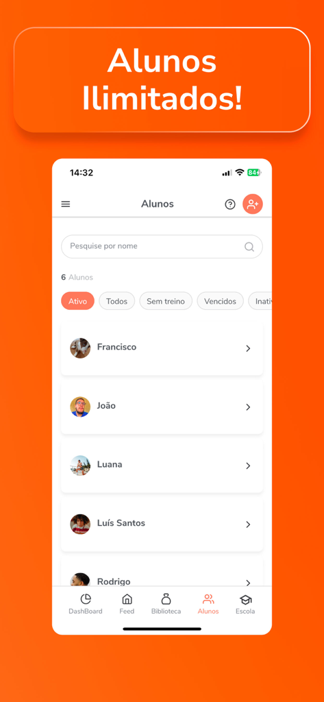 Personal Fit - Interface of the Personal Fit app showing a list of students for personal trainers with an Unlimited Students banner