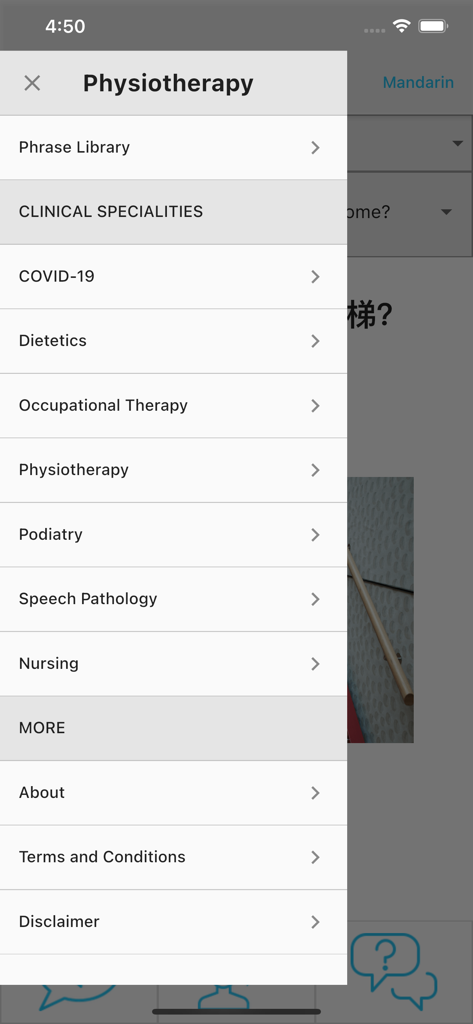 CALD Assist - Un menú de navegación en la aplicación CALD Assist que muestra varias especialidades clínicas, incluyendo Fisioterapia y Enfermería