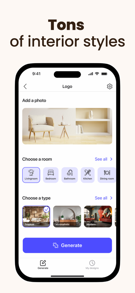 Interfaz de la aplicación Roomify que muestra opciones para seleccionar tipos de habitaciones y varios estilos de diseño de interiores como tropical y minimalista.