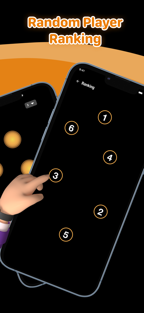Spin The Wheel - Finger Picker - A smartphone showing the random player ranking feature of the Spin The Wheel app with a hand touching numbered circles on a black screen