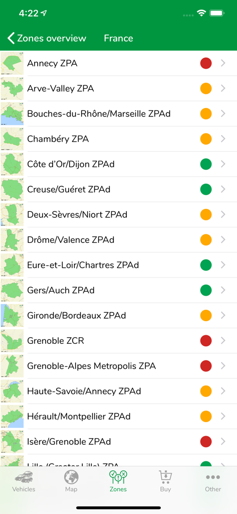 Green-Zones app showing a list of environmental zones in France with status indicators