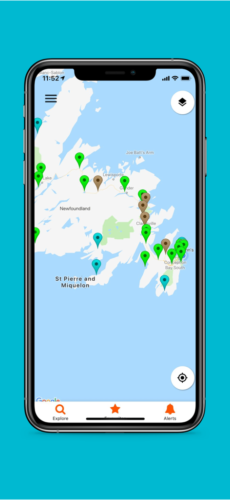 DecisionVue - DecisionVue mobile app interface displaying a weather risk monitoring map with colored pins across Newfoundland