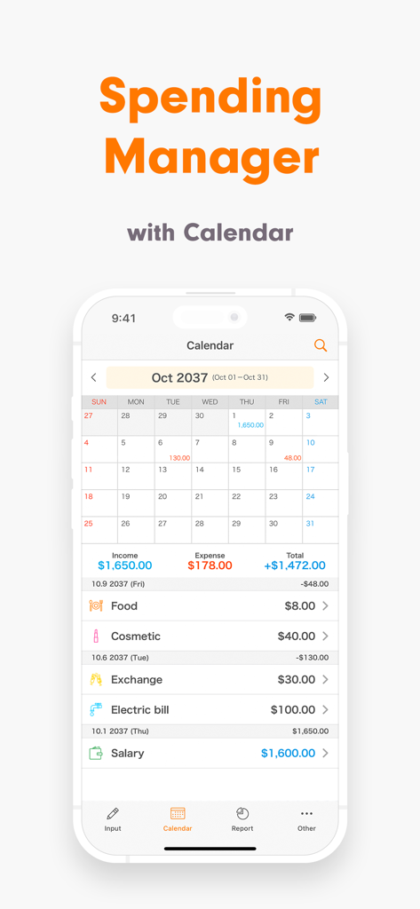 Expense Tracker - Money Note - Interfaccia dell'app Money Note che mostra un calendario finanziario e un elenco di spese giornaliere