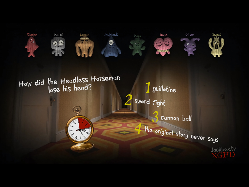 The Jackbox Party Starter - Una domanda di trivia sul Cavaliere Senza Testa nel gioco Trivia Murder Party 2 di The Jackbox Party Starter.