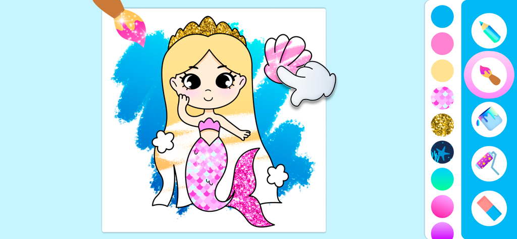 Cute mermaid drawing with glitter tools and vibrant colors in a kids app