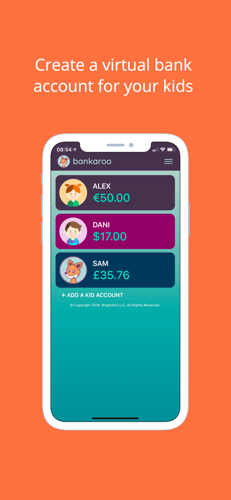 bankaroo virtual bank for kids - Smartphone screen showing Bankaroo app dashboard with multiple kids accounts and balances