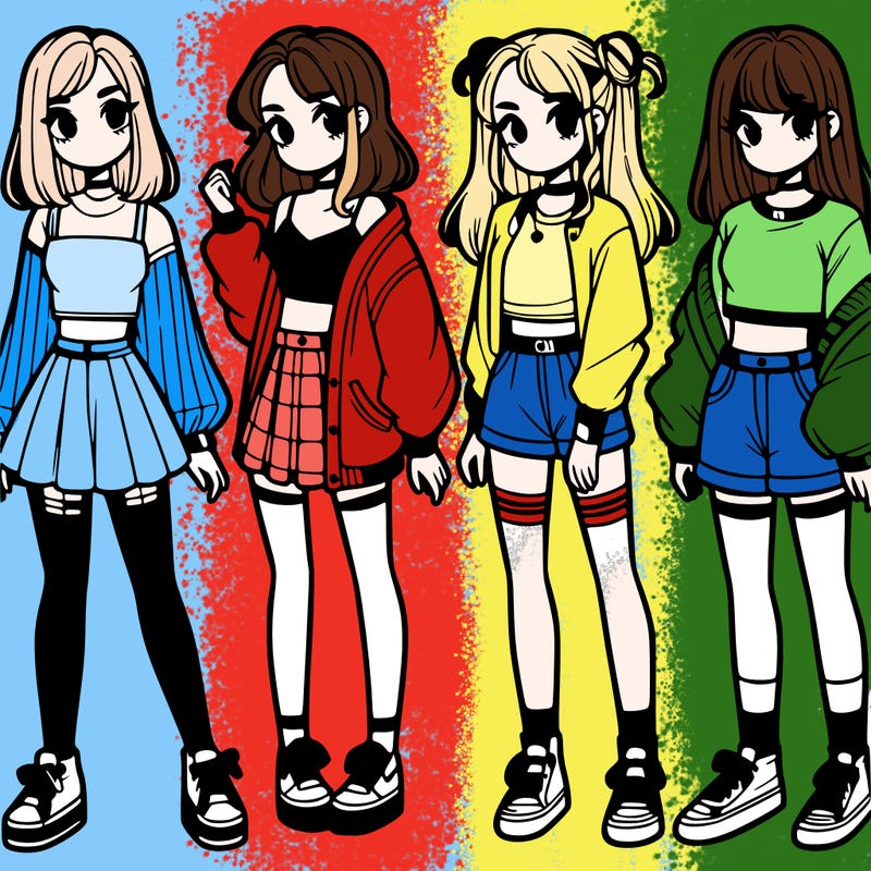 one girl with crop-top shirt and a jacket with a skirt, long socks and another girl with a shirt and pants with a jacket