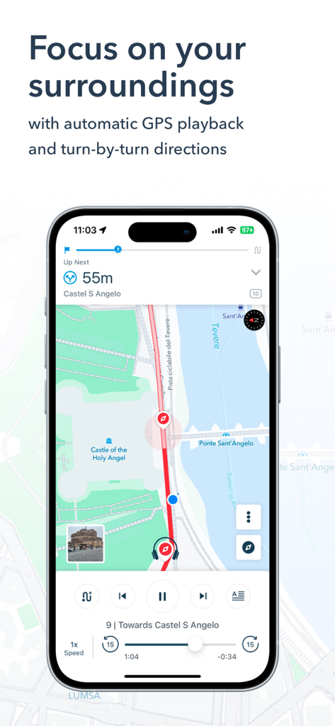 VoiceMap App-Oberfläche, die eine GPS-gesteuerte Wanderkarte mit Audiowiedergabesteuerung anzeigt