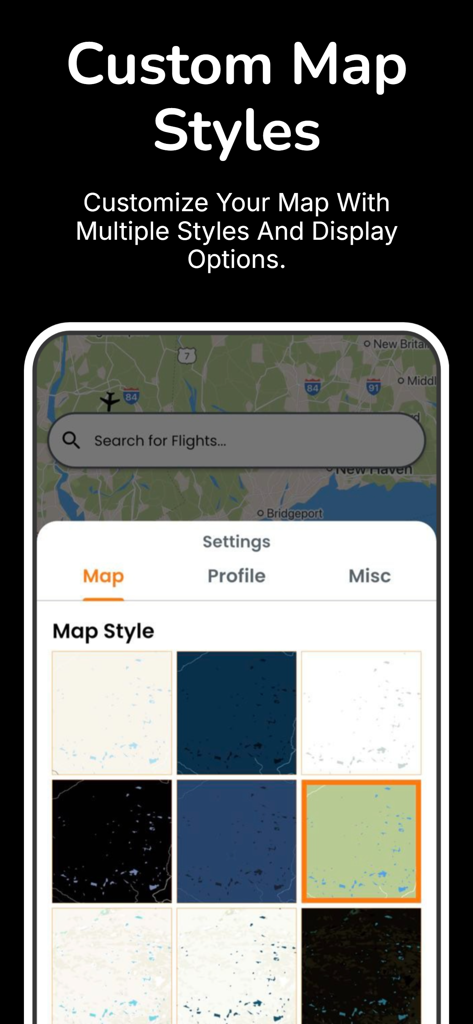 Flight Radar Tracker - A screen in the Flight Radar Tracker app showing various custom map style and theme options for the live flight map.