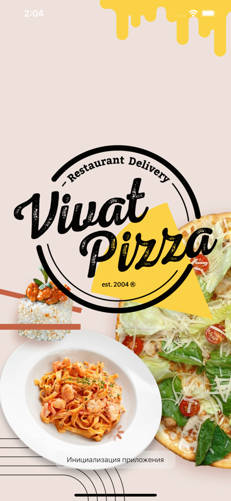 Vivat Pizzaアプリの起動画面。ピザ、パスタ、寿司が表示され、レストランの配達ブランドが付いています。