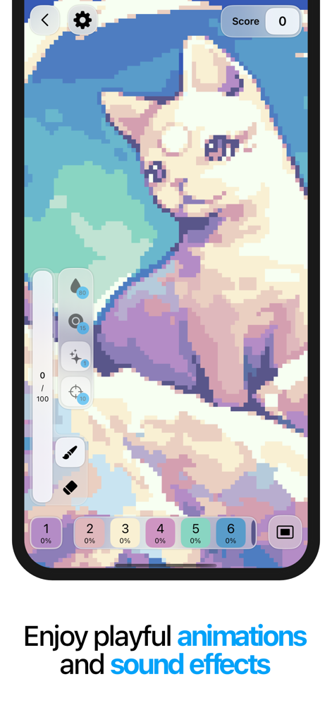 Pixquare - Color by Number - Interface of Pixquare Color by Number showing a pixel art white cat and coloring tools