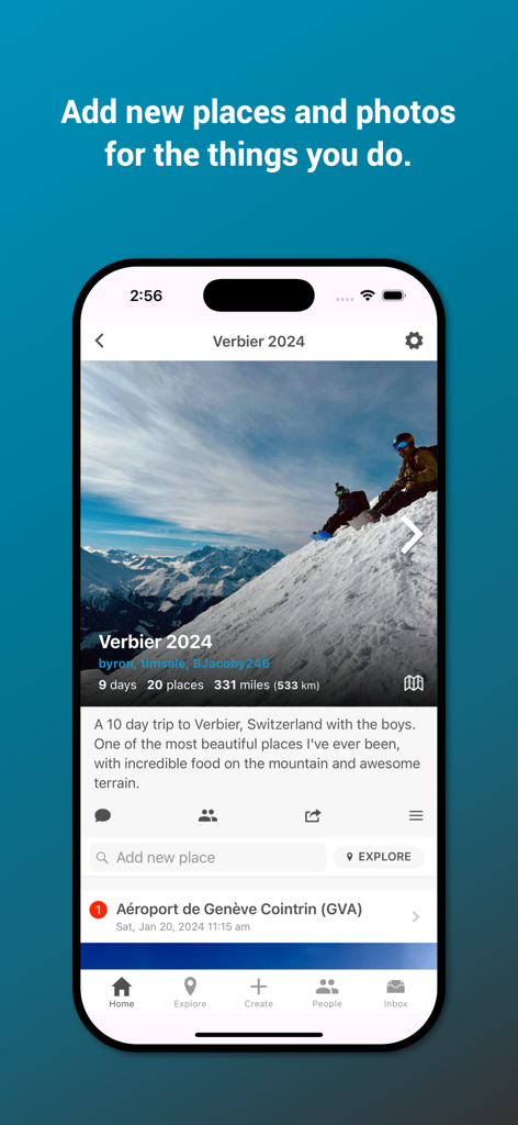 Interfaz de la aplicación Tripline que muestra un diario de viaje para un viaje a Verbier, Suiza, con fotos y estadísticas del viaje.