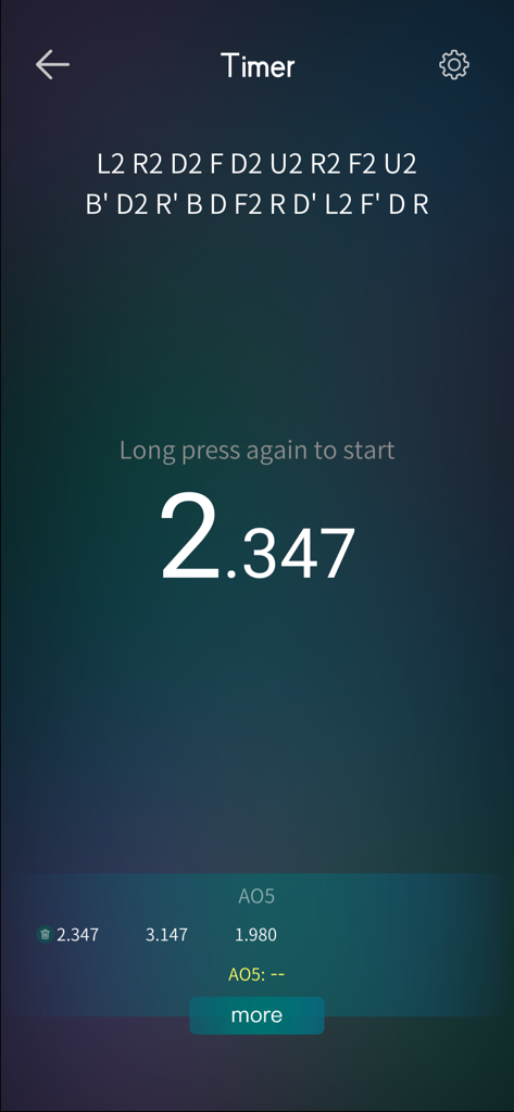 A professional Rubik's cube timer interface showing a scramble sequence and a solve time of 2.347 seconds.